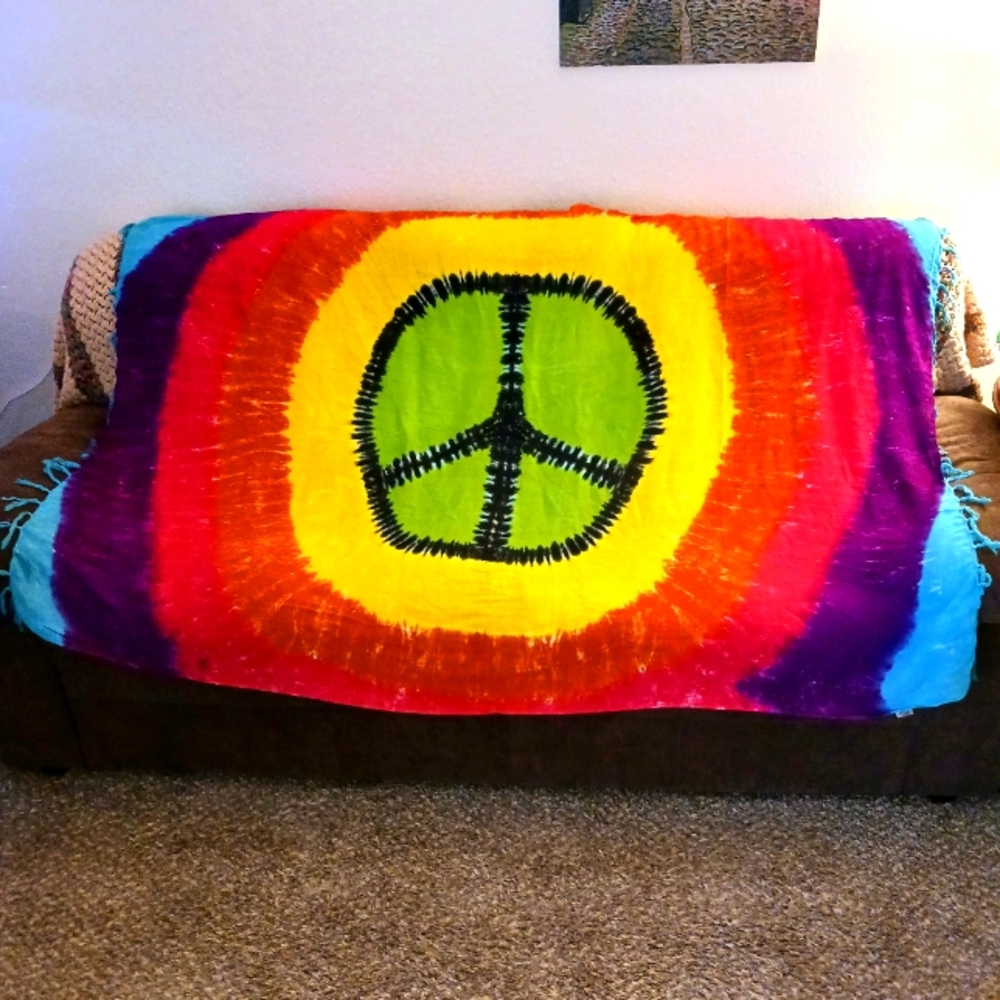 Brightly Colored Rayon Tapestry with Peace Sign